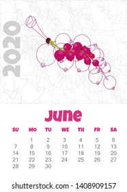 Calendar 2020. Monthly calendar with fruits, nuts and chocolate. Vector illustration.