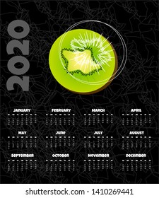 Calendar 2020. Monthly calendar with kiwi. Vector illustration.	
