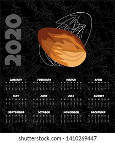 Calendar 2020. Monthly calendar with nut. Vector illustration.
