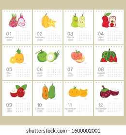 Calendar 2020. Monthly calendar with set of tropical fruits. Printable fruit calendar template, vector design. New year calendar set.