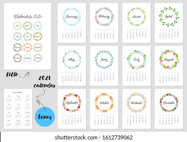 Calendar 2020. Monthly calendar 2020 template decorated with hand lettered names of months of the year on background of beautiful floral circle frames. Bonus - 2021 calendar. Vector illustration 8 EPS