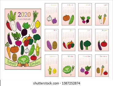 Calendar 2020. Monthly calendar with vegetables. Hand drawn style illustration. Vector collection.