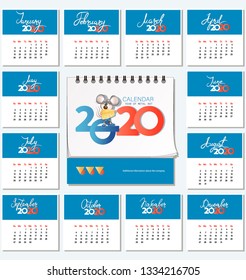Calendar for 2020 and mouse with cheese. Calendar from sunday to saturday. Rat is the symbol of the Chinese New Year.