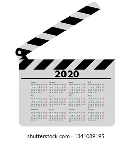 Calendar for 2020, movie clapper board on a white background
