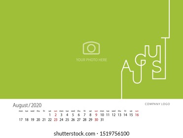 Calendar 2020 New Year August modern line design template green background