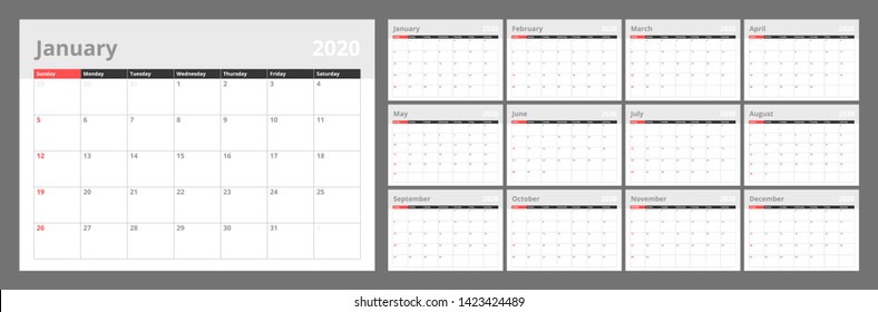 Calendar for 2020 new year in clean minimal table simple style. Week Starts on Sunday. Set of 12 Months.