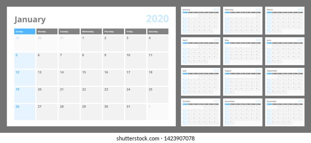 Calendar for 2020 new year in clean minimal table simple style. Week Starts on Sunday. Set of 12 Months.