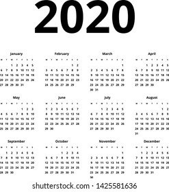 Calendar for 2020 new year in clean minimal table simple style. Week Starts on Monday.