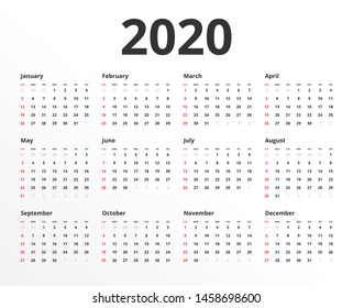 Calendar for 2020 new year in clean minimal table simple style. Week Starts on Sunday.