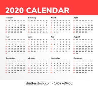 Calendar for 2020 new year in clean minimal table simple style. Week Starts on Sunday.