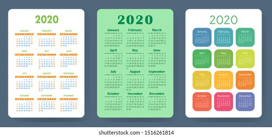 Calendar 2020. New year. Colorful vector set. Pocket calender collection. Week starts on Sunday. Basic grid template for print