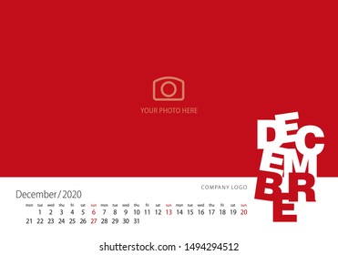 Calendar 2020 New Year December modern template red background