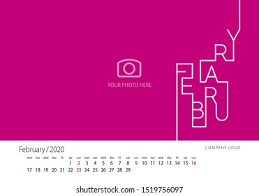 Calendar 2020 New Year February modern line design template pink background