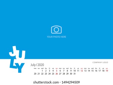 Calendar 2020 New Year July modern template blue background