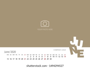 Calendar 2020 New Year June modern template gold background