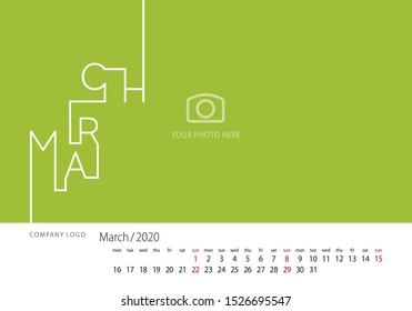 Calendar 2020 New Year March modern line design template green background