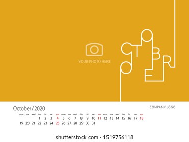 Calendar 2020 New Year October modern line design template orange background
