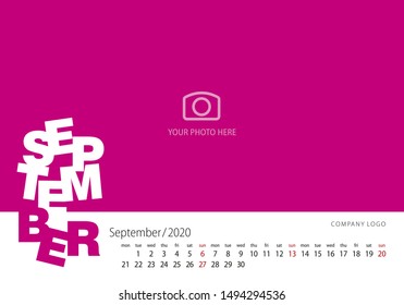 Calendar 2020 New Year September modern template pink background