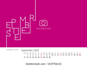 Calendar 2020 New Year September modern line design template pink background