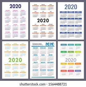 Calendar 2020. New year. Vector template collection. Colorful English pocket calender set. Week starts on Sunday