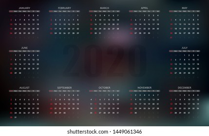 Calendar 2020 on a gradient dark background. Vector illustration.