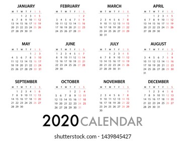 Calendar for 2020 on grey background with quote message. Week Starts Monday. Simple Vector Template