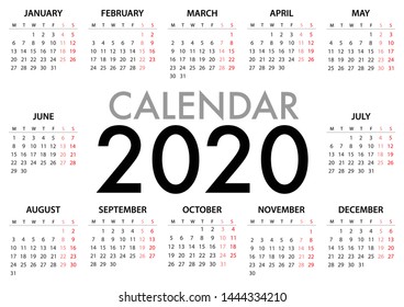 Calendar for 2020 on grey background with quote message. Week Starts Monday. Simple Vector Template