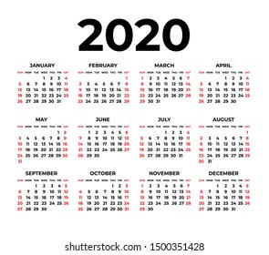 Calendar for 2020 on white background