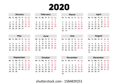Calendar for 2020 on white background
