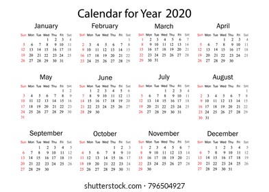 Calendar for 2020 on white background. Vector EPS10.