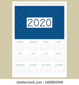Calendar 2020. One page 12 months wall calendar with blue dots pattern.  Pantone 2020 classic blue color. Printable calendar template, vector design. New year calendar.