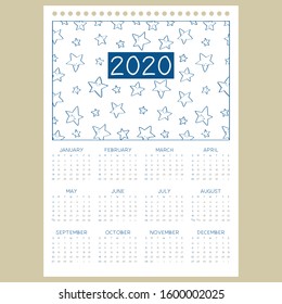 Calendar 2020. One page 12 months hanging wall calendar with cute blue stars pattern in white background.  Pantone 2020 classic blue color. Printable star calendar template, vector design.