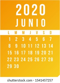Calendar 2020, Orange and Yellow. Spanish. June