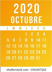 Calendar 2020, Orange and Yellow. Spanish. October