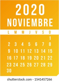 Calendar 2020, Orange and Yellow. Spanish. November