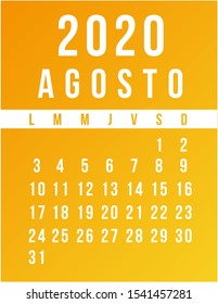 Calendar 2020, Orange and Yellow. Spanish. August