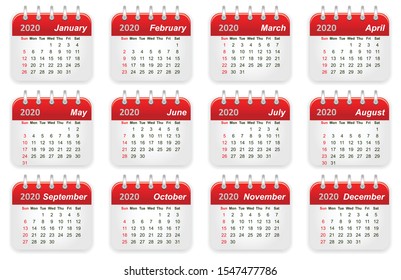 Calendar 2020 over white background