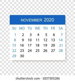 Calendar 2020. Page with November isolated on transparent background. Week starts on Sunday. Vector illustration