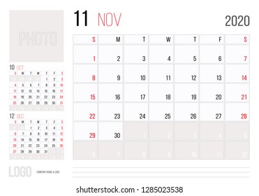 Calendar 2020 planner corporate template design November. Week starts on Sunday. Basic grid - template for annual calendar 2020