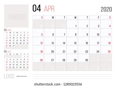 Calendar 2020 planner corporate template design April. Week starts on Sunday. Basic grid - template for annual calendar 2020