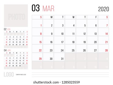 Calendar 2020 planner corporate template design March. Week starts on Sunday. Basic grid - template for annual calendar 2020