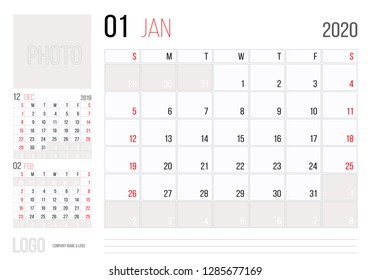 Calendar 2020 planner corporate template design January. Week starts on Sunday. Basic grid - template for annual calendar 2020