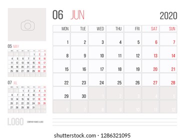 Calendar 2020 planner corporate template design June month. Week starts on Monday. Basic grid - template for annual calendar 2020