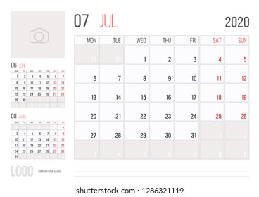 Calendar 2020 planner corporate template design July month. Week starts on Monday. Basic grid - template for annual calendar 2020