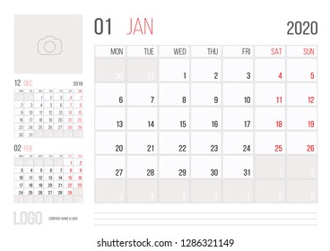 Calendar 2020 planner corporate template design January month. Week starts on Monday. Basic grid - template for annual calendar 2020