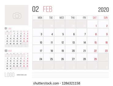 Calendar 2020 planner corporate template design February month. Week starts on Monday. Basic grid - template for annual calendar 2020