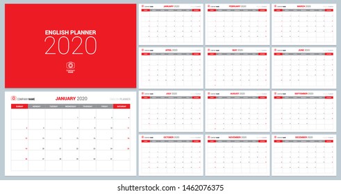Calendar 2020 planner corporate template design annual set Living coral color. Week starts on Sunday. Basic grid - template for annual calendar 2020