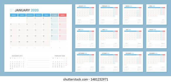 Calendar 2020 Planner Design. Week starts Monday. Square shape simple style.