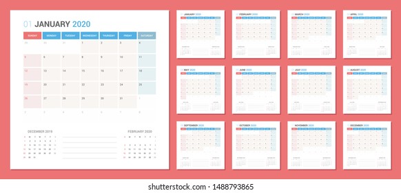 Calendar 2020 Planner Design. Week starts Sunday. Square shape simple style.
