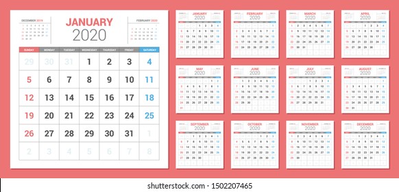 Calendar 2020 Planner Design. Week starts Sunday. Square shape simple style.